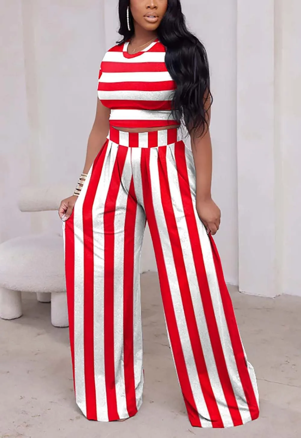 Fooullaide Summer Two Piece Outfit for Women Sexy Short Sleeve Crop Tops Sweatsuit High Waist Wide Leg Pant Set Jumpsuit