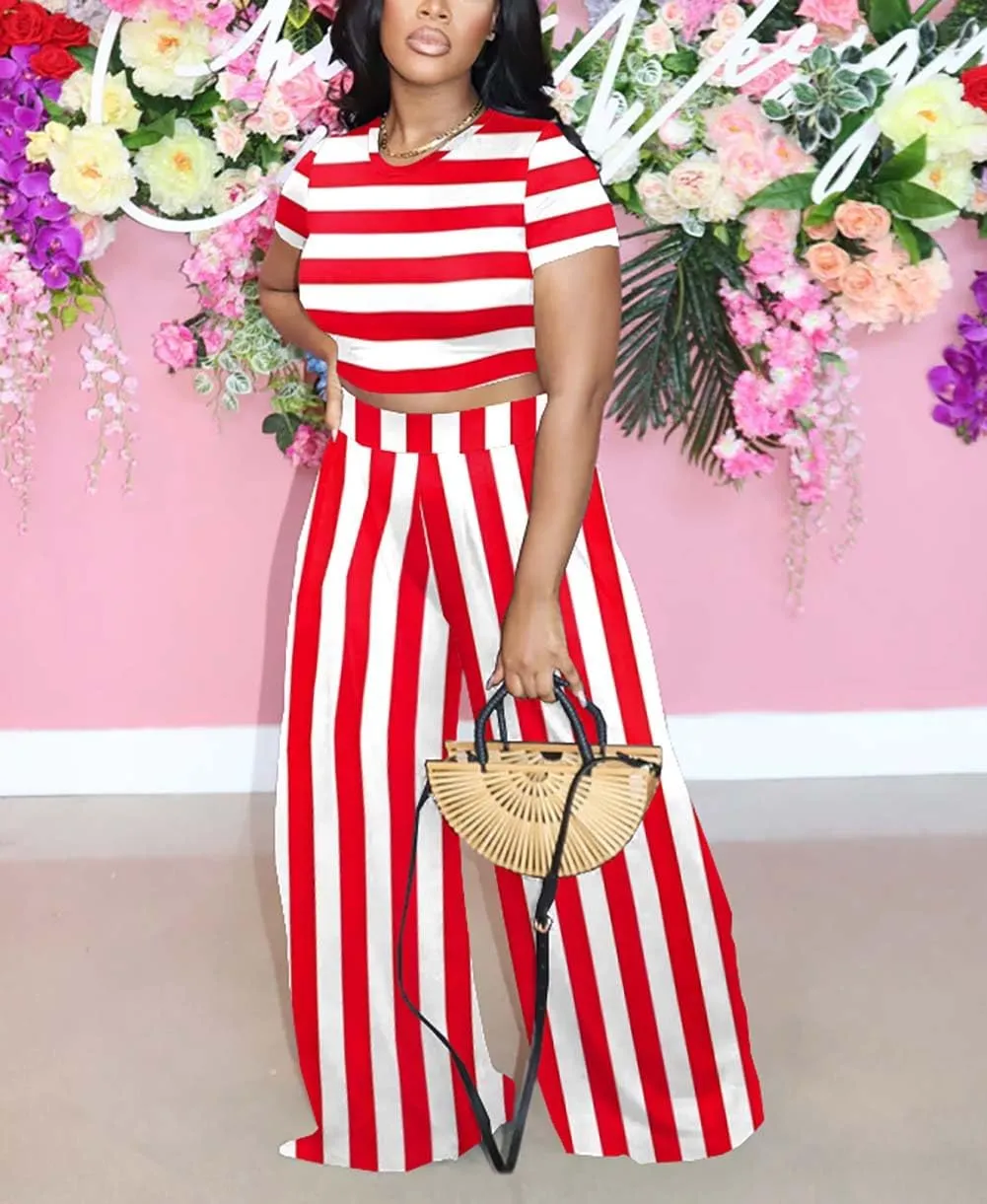 Fooullaide Summer Two Piece Outfit for Women Sexy Short Sleeve Crop Tops Sweatsuit High Waist Wide Leg Pant Set Jumpsuit