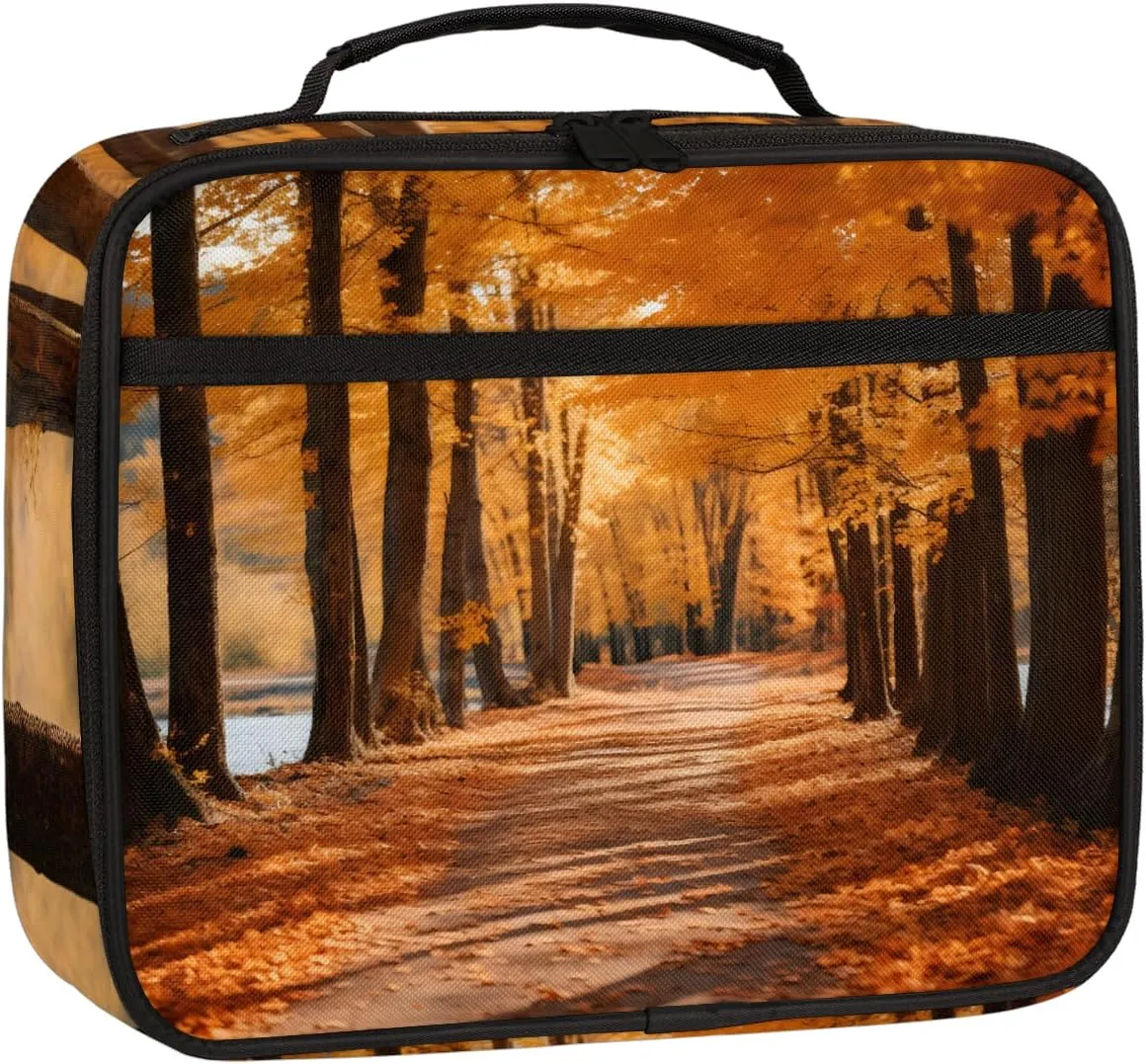 Forests Falling Leaves Square Lunch Bag Fall Falling Leaves Square Tote Lunch Bag Reusable Lunch Box Leakproof Cooler Bag