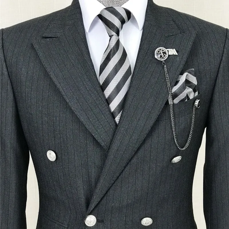 Formal Black Striped Double Breasted Business Suits with Peaked Lapel