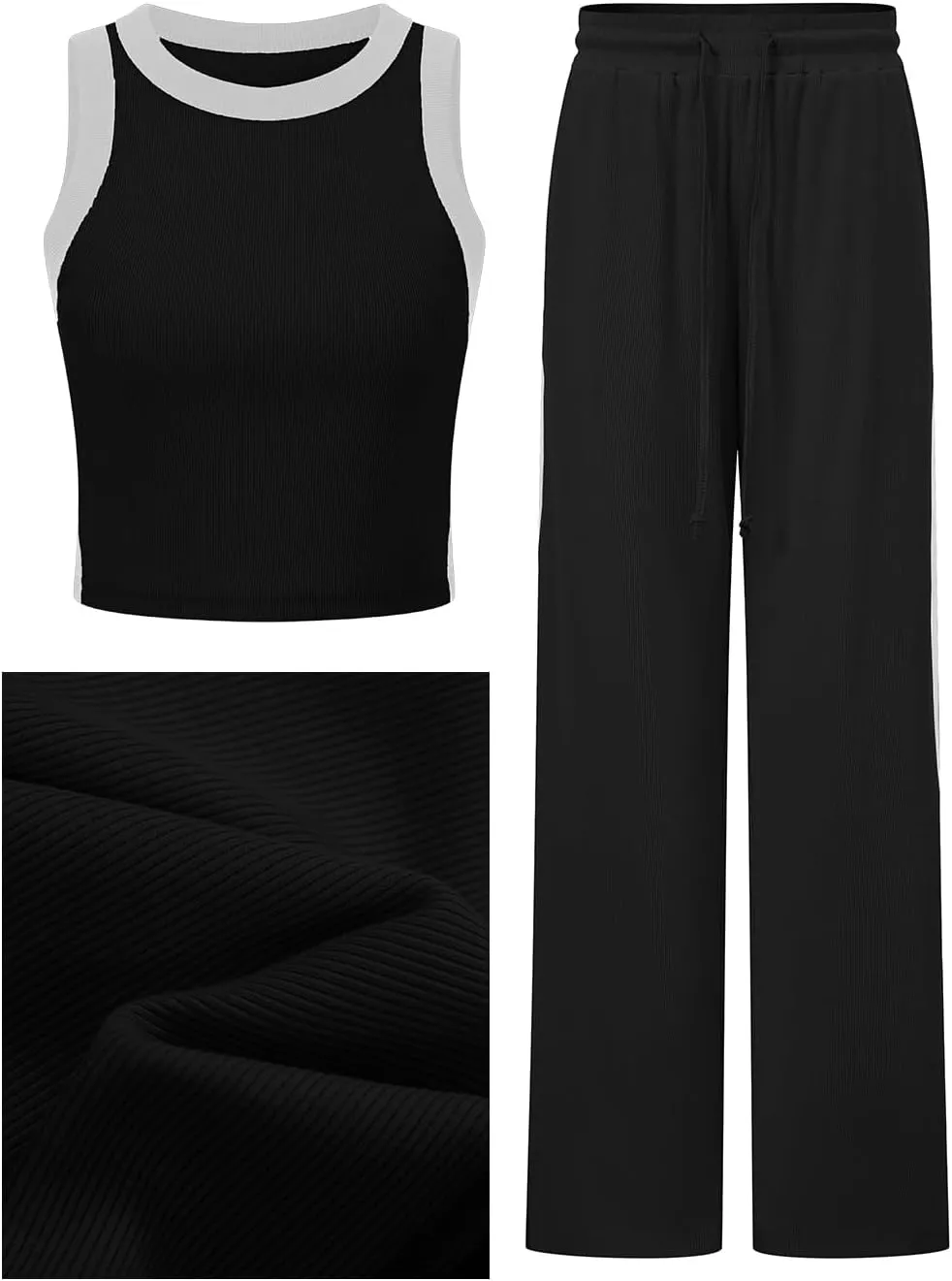 FUPHINE Women's 2 Piece Sets Summer Outfits Ribbed Knit Tank Tops & Wide Leg Pants Color Block Lounge Set with Pocket