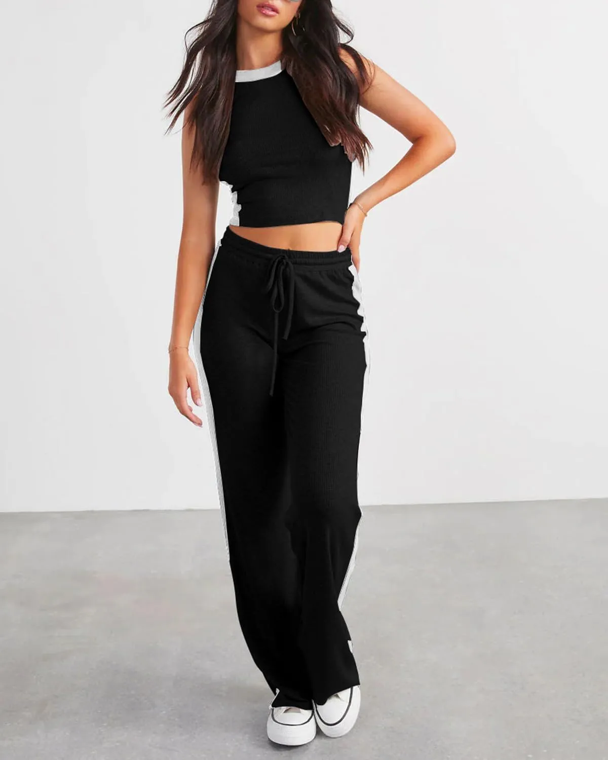 FUPHINE Women's 2 Piece Sets Summer Outfits Ribbed Knit Tank Tops & Wide Leg Pants Color Block Lounge Set with Pocket