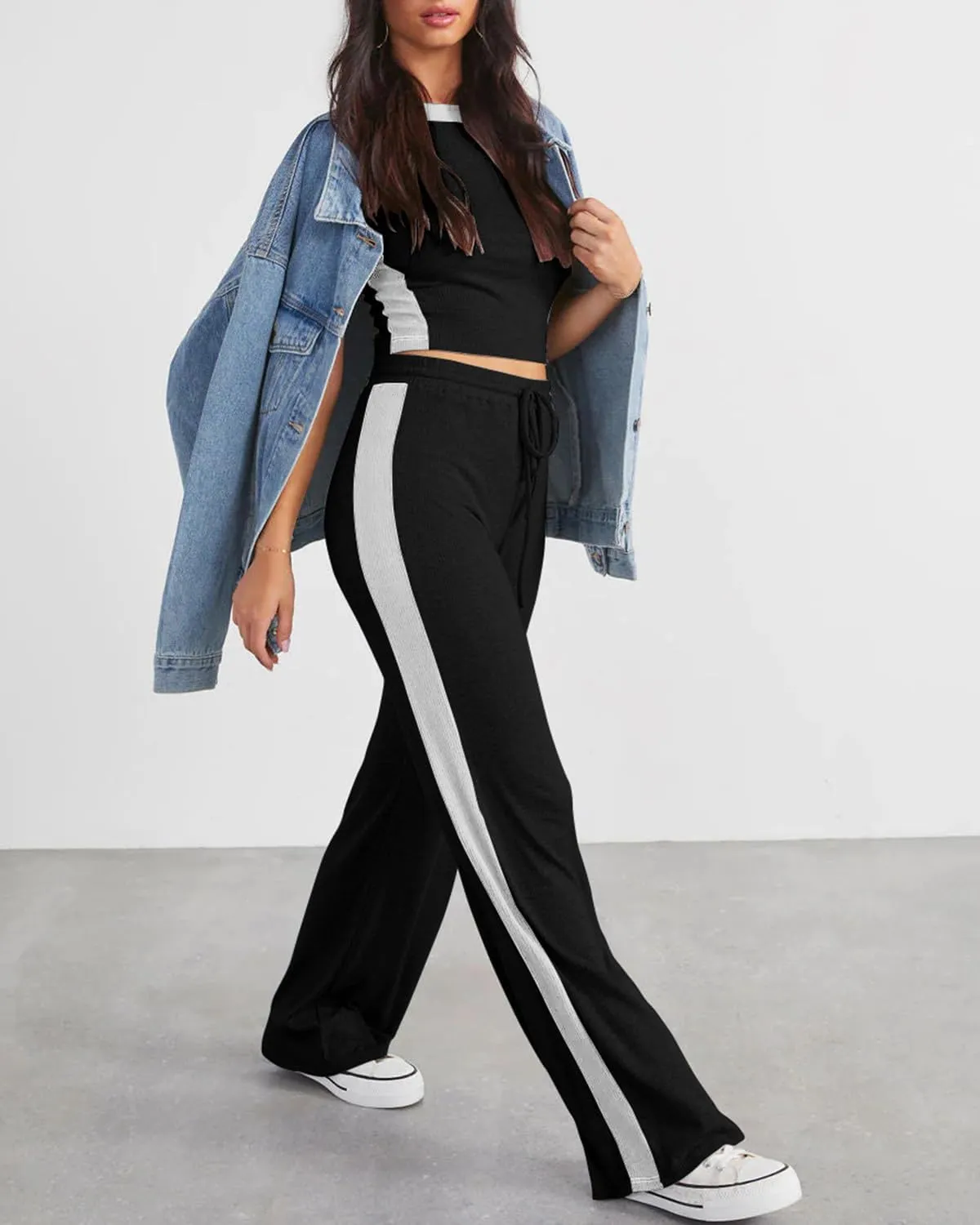 FUPHINE Women's 2 Piece Sets Summer Outfits Ribbed Knit Tank Tops & Wide Leg Pants Color Block Lounge Set with Pocket