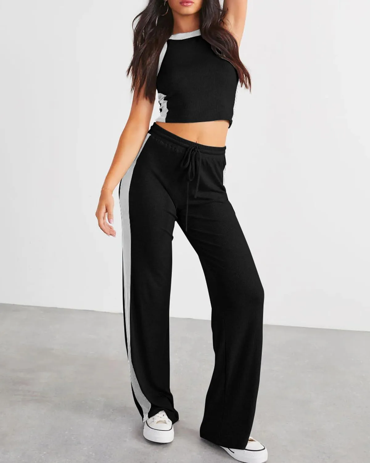 FUPHINE Women's 2 Piece Sets Summer Outfits Ribbed Knit Tank Tops & Wide Leg Pants Color Block Lounge Set with Pocket