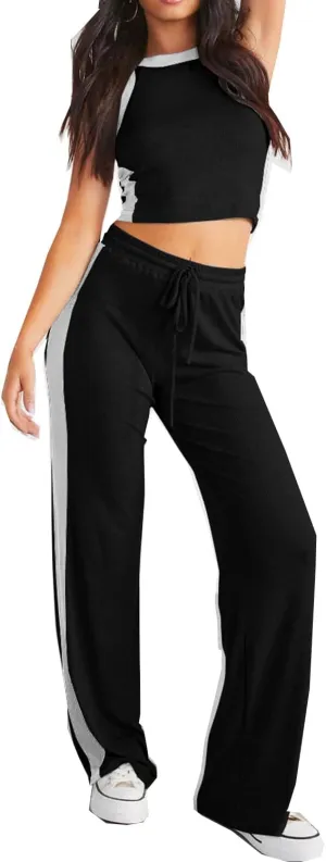 FUPHINE Women's 2 Piece Sets Summer Outfits Ribbed Knit Tank Tops & Wide Leg Pants Color Block Lounge Set with Pocket