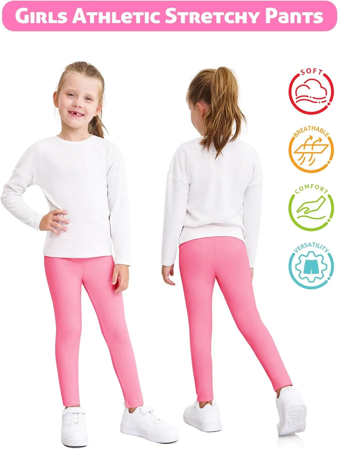 Girls Leggings 4 Pack Cotton Full Length Kids Teens Pants Toddler Footless Pull On Athletic Bottoms