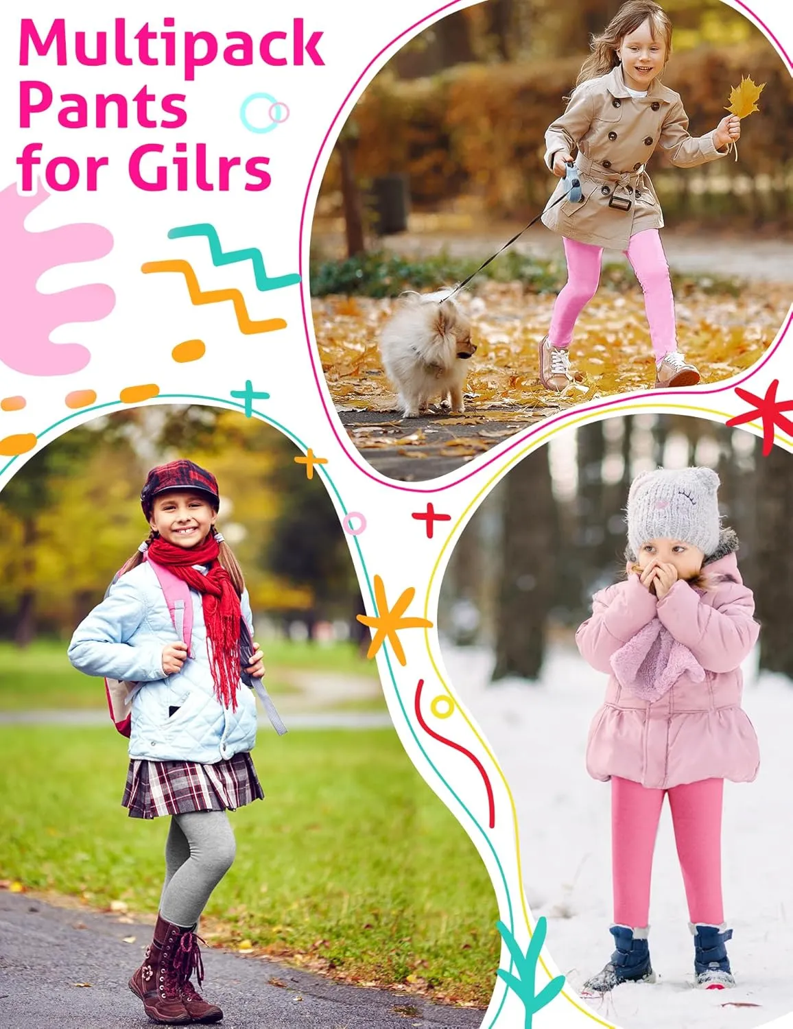 Girls Leggings 4 Pack Cotton Full Length Kids Teens Pants Toddler Footless Pull On Athletic Bottoms