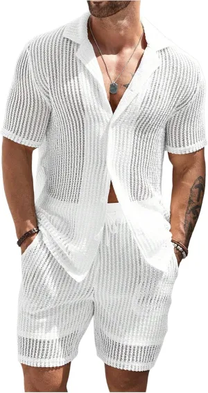 GORGLITTER Men's Cruise Attire 2 Piece Summer Vacation Outfit Hollow Out Short Sleeve Button Down Shirt Shorts Set