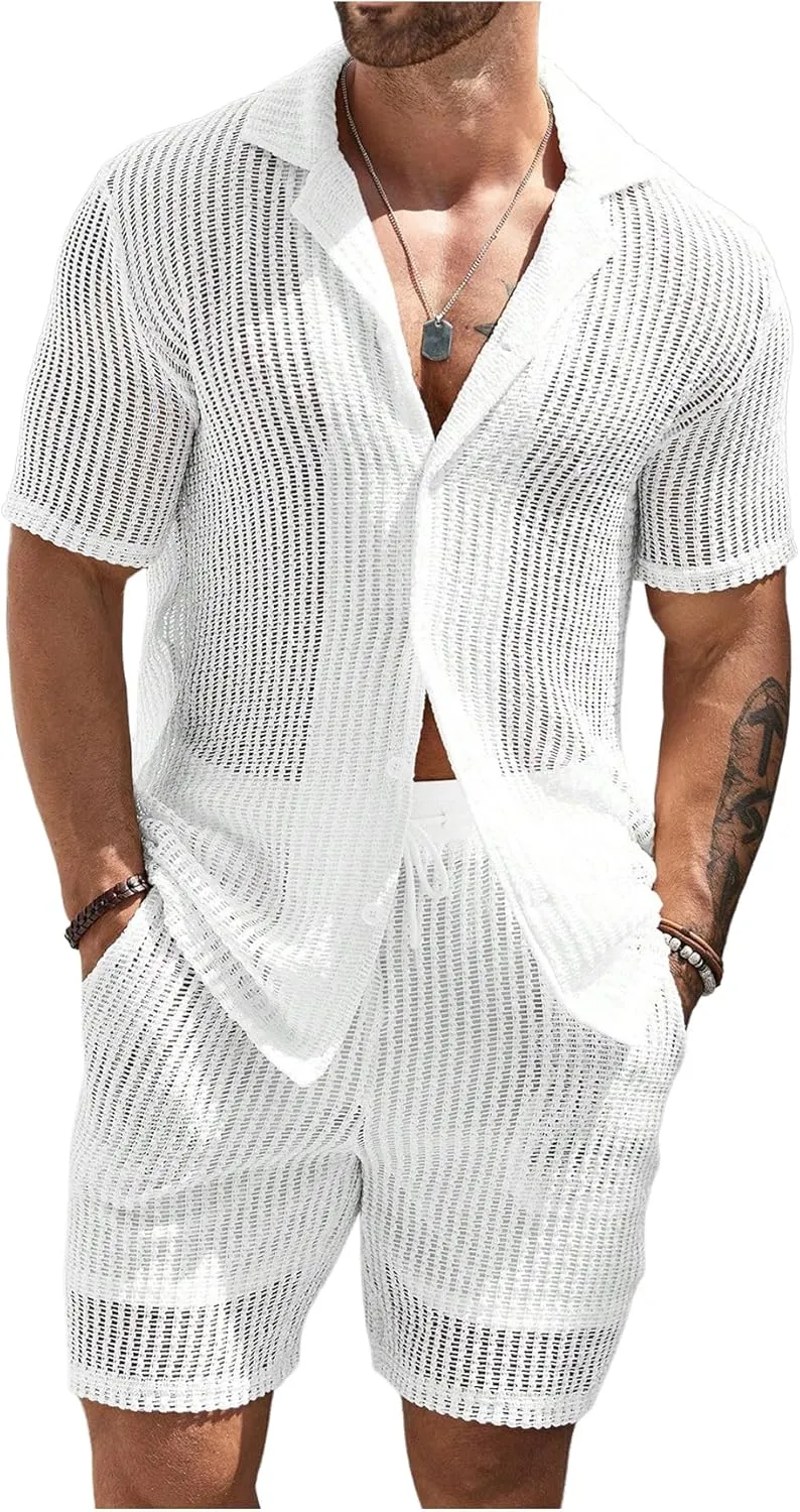 GORGLITTER Men's Cruise Attire 2 Piece Summer Vacation Outfit Hollow Out Short Sleeve Button Down Shirt Shorts Set