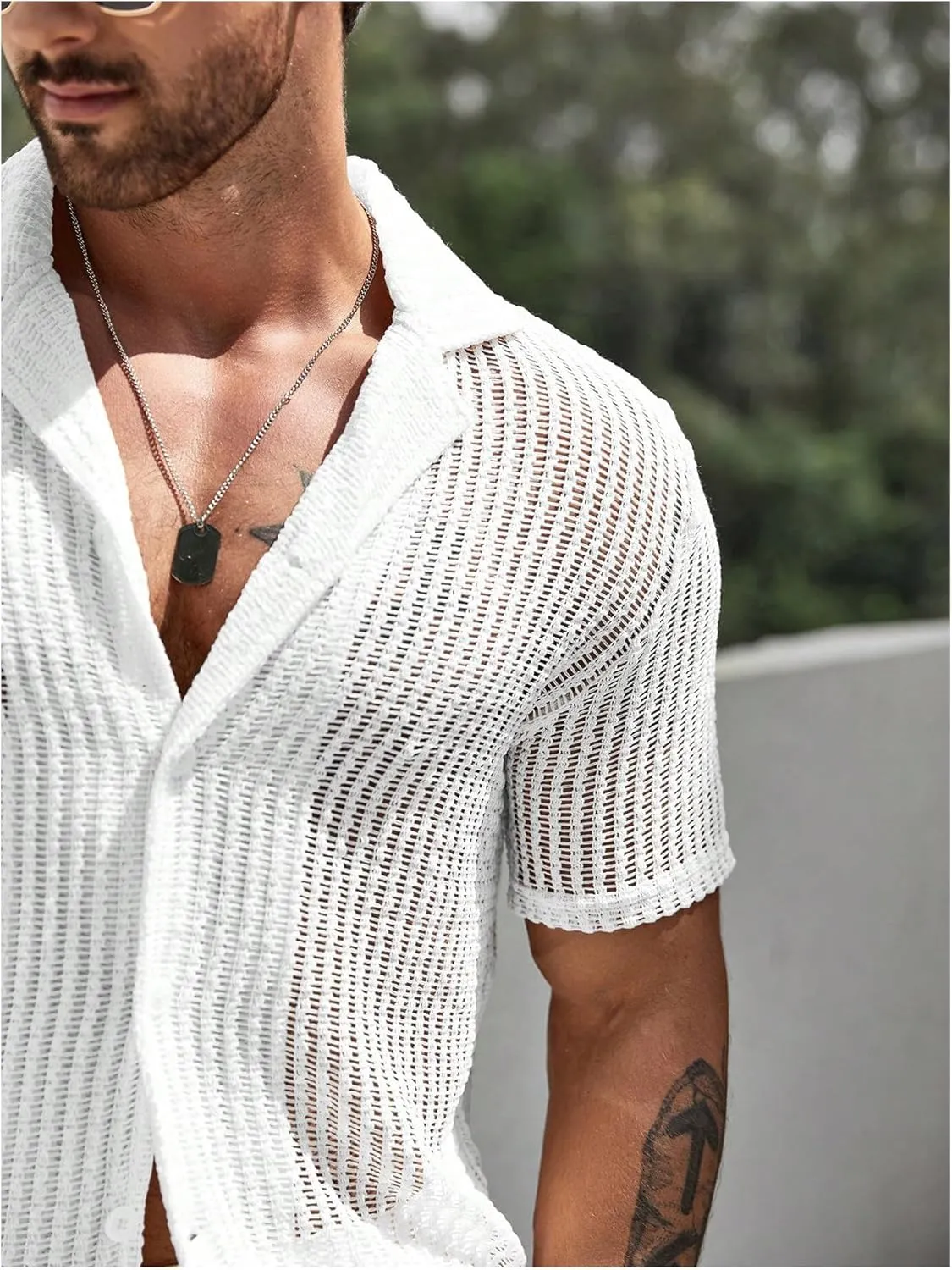 GORGLITTER Men's Cruise Attire 2 Piece Summer Vacation Outfit Hollow Out Short Sleeve Button Down Shirt Shorts Set