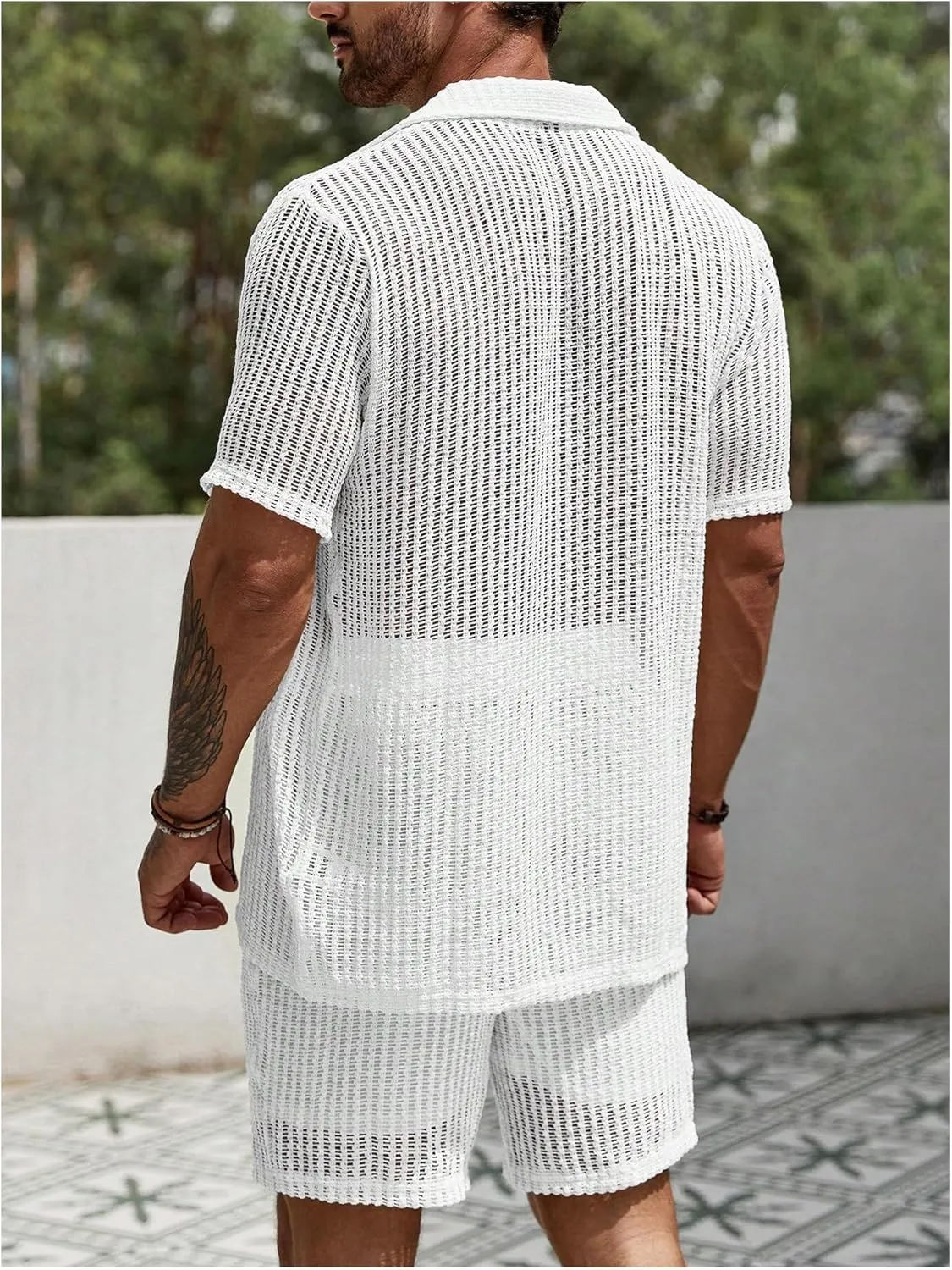 GORGLITTER Men's Cruise Attire 2 Piece Summer Vacation Outfit Hollow Out Short Sleeve Button Down Shirt Shorts Set