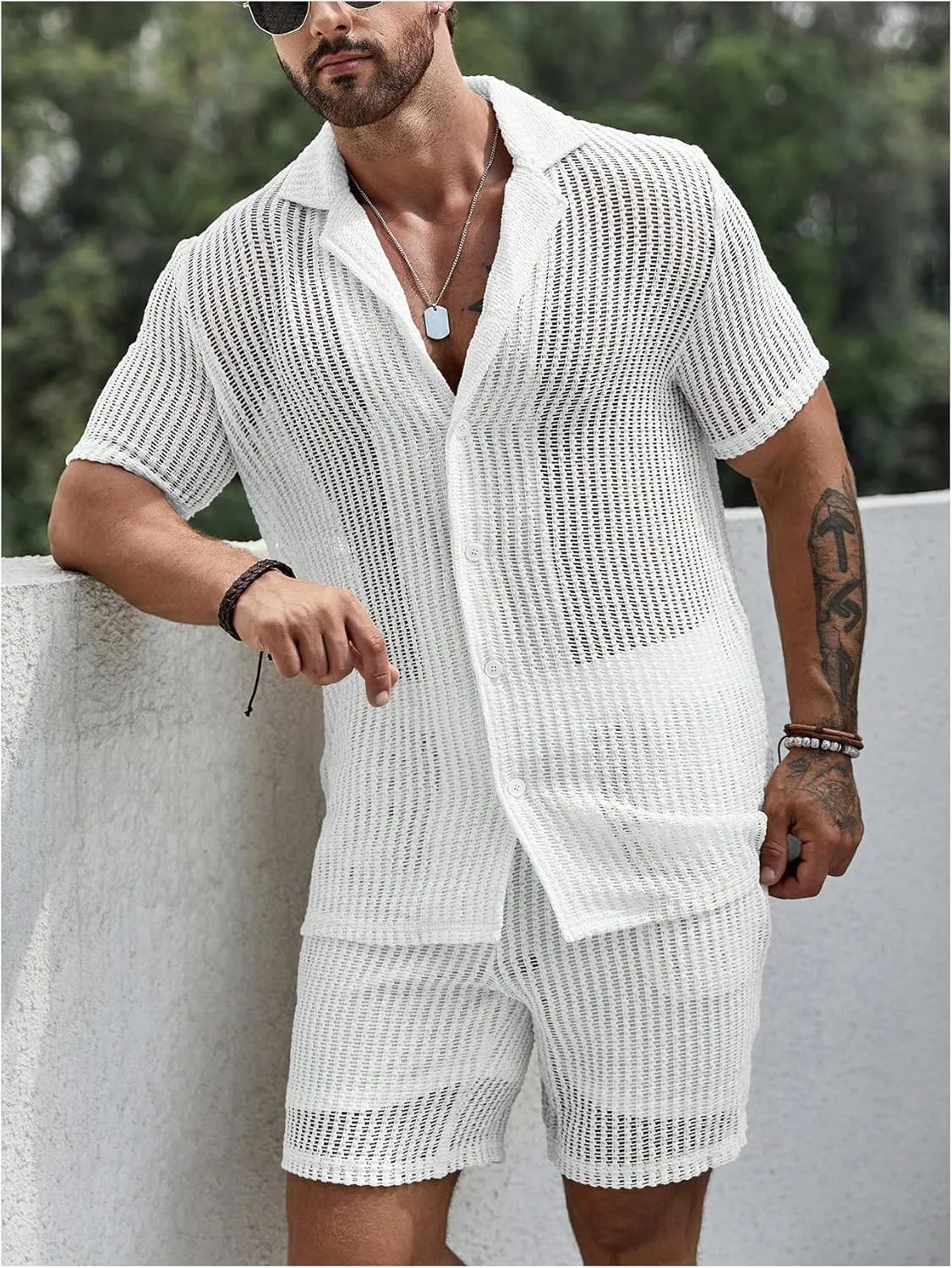 GORGLITTER Men's Cruise Attire 2 Piece Summer Vacation Outfit Hollow Out Short Sleeve Button Down Shirt Shorts Set