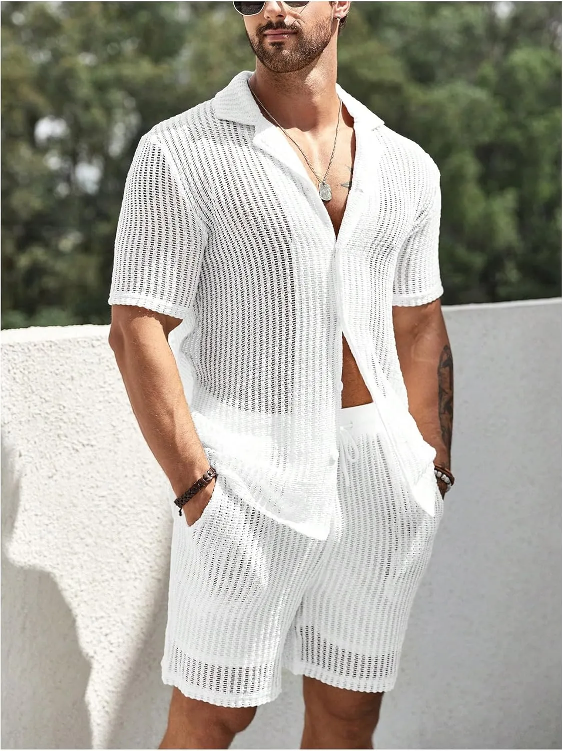 GORGLITTER Men's Cruise Attire 2 Piece Summer Vacation Outfit Hollow Out Short Sleeve Button Down Shirt Shorts Set