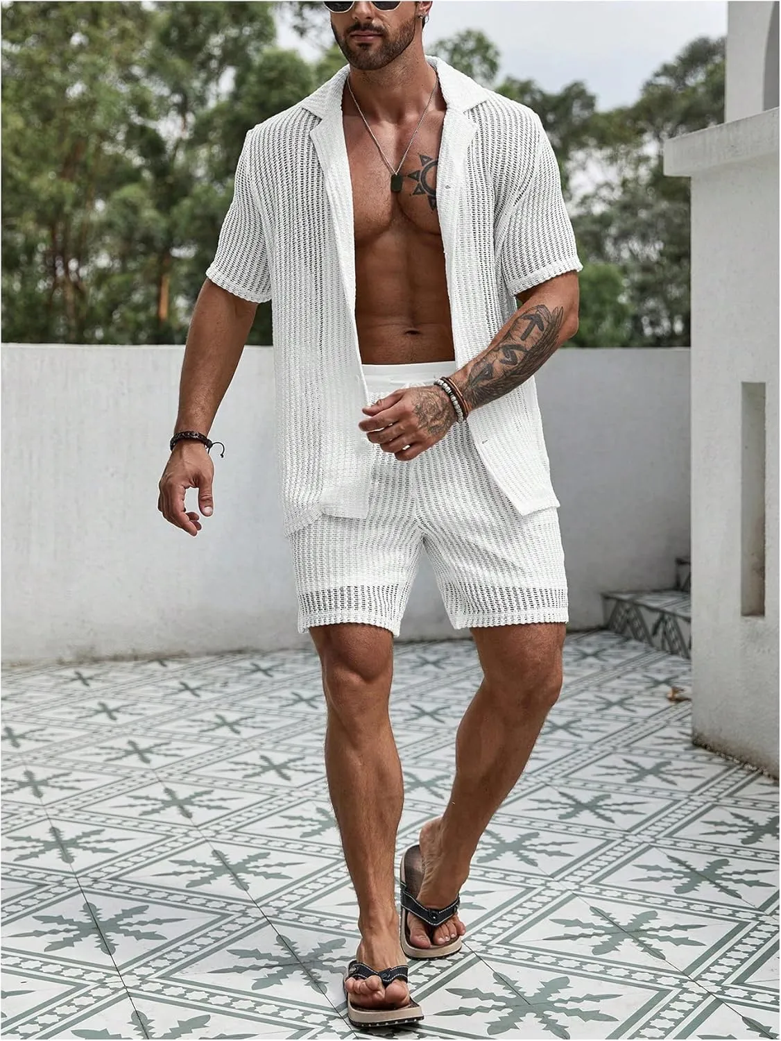 GORGLITTER Men's Cruise Attire 2 Piece Summer Vacation Outfit Hollow Out Short Sleeve Button Down Shirt Shorts Set