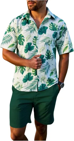 GORGLITTER Men's Summer Vacation Outfits Hawaiian Beach Floral Button Down Short Sleeve Shirt and Shorts Set