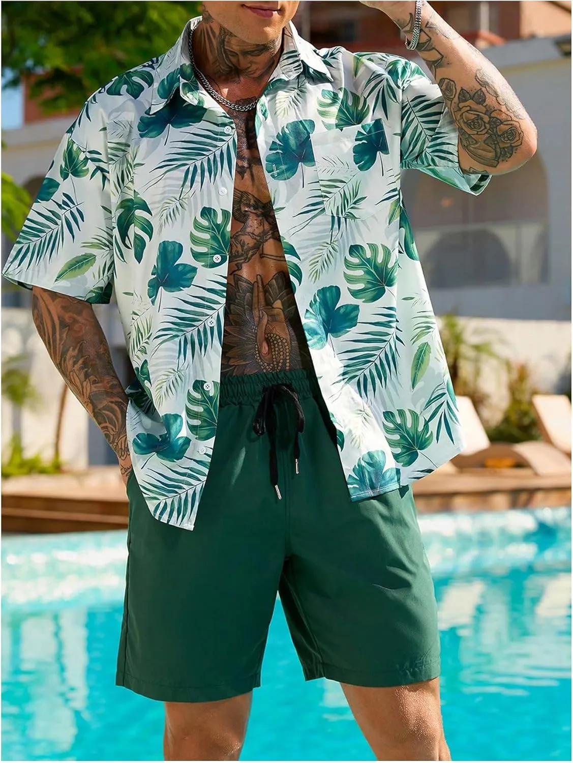 GORGLITTER Men's Summer Vacation Outfits Hawaiian Beach Floral Button Down Short Sleeve Shirt and Shorts Set