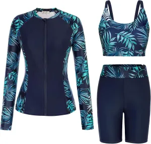 GRACE KARIN Women's 3 Piece Rash Guard Built-in Bra Long Sleeve UV Sun Protection Swimsuit Zip up Swim Top Shirt Modest