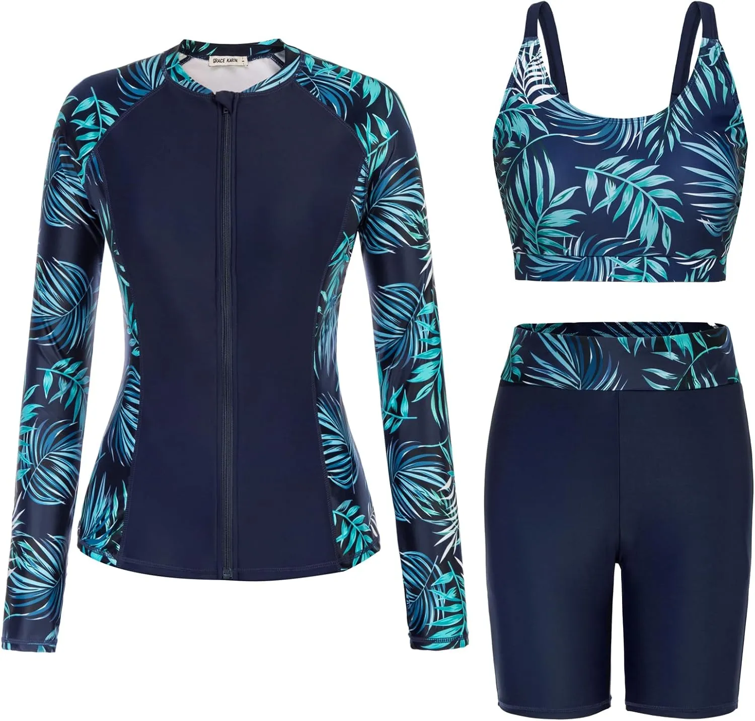 GRACE KARIN Women's 3 Piece Rash Guard Built-in Bra Long Sleeve UV Sun Protection Swimsuit Zip up Swim Top Shirt Modest