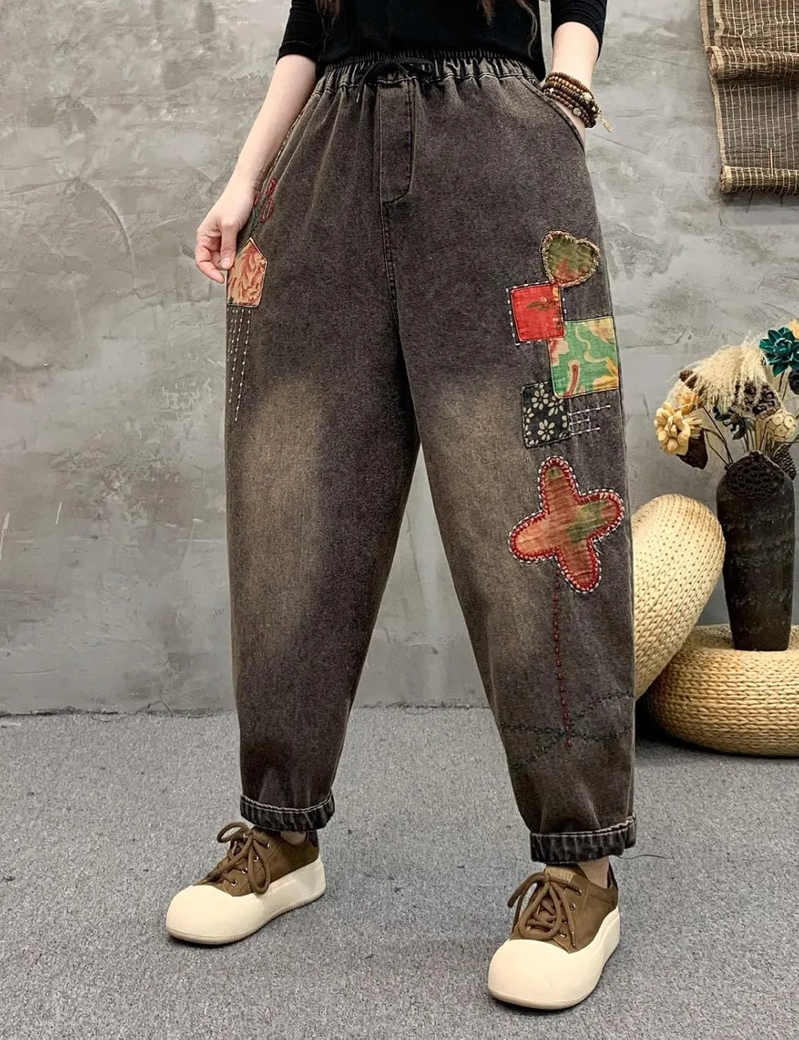HALITOSS Women's Casual Denim Loose Wide Leg Harem Pants Elastic Waist Trouser with Pockets