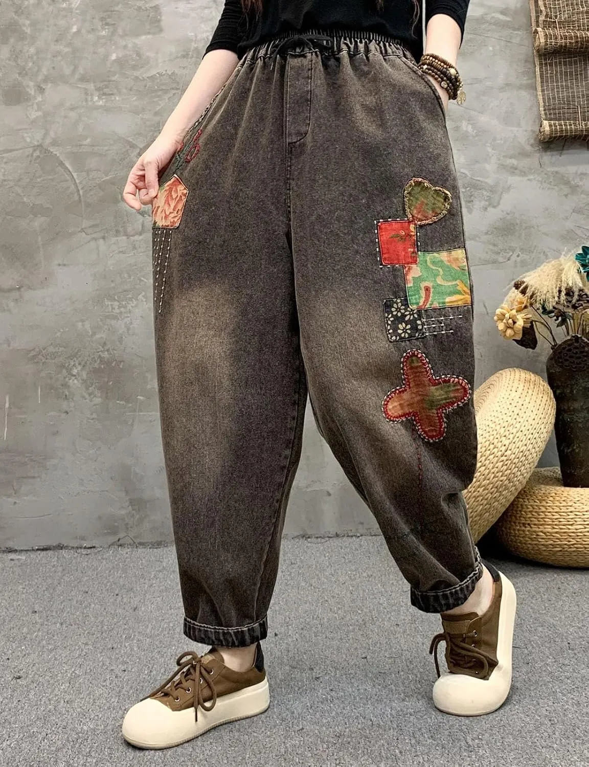 HALITOSS Women's Casual Denim Loose Wide Leg Harem Pants Elastic Waist Trouser with Pockets