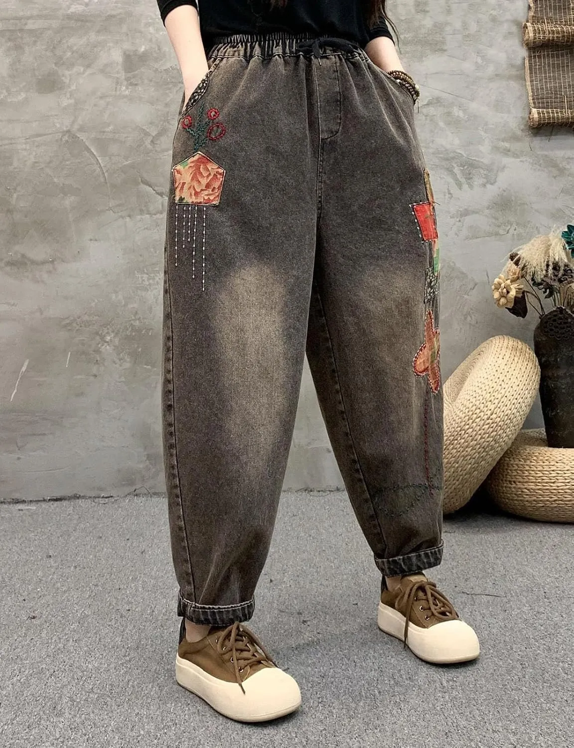 HALITOSS Women's Casual Denim Loose Wide Leg Harem Pants Elastic Waist Trouser with Pockets