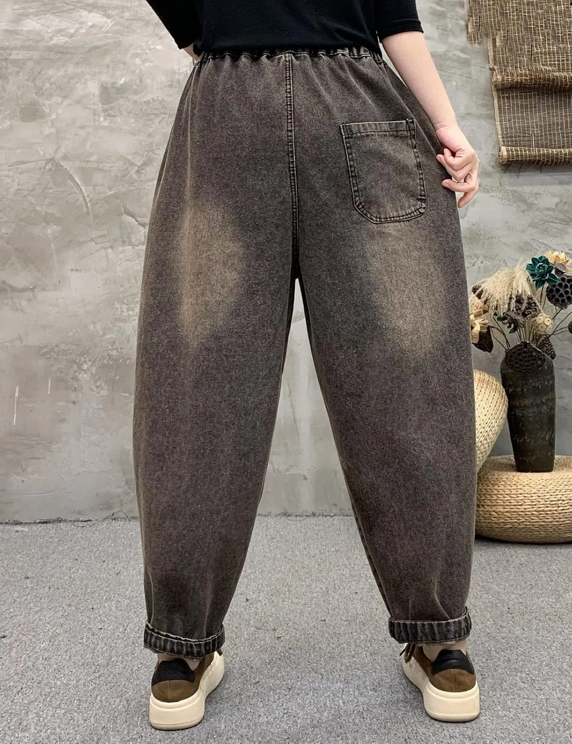 HALITOSS Women's Casual Denim Loose Wide Leg Harem Pants Elastic Waist Trouser with Pockets