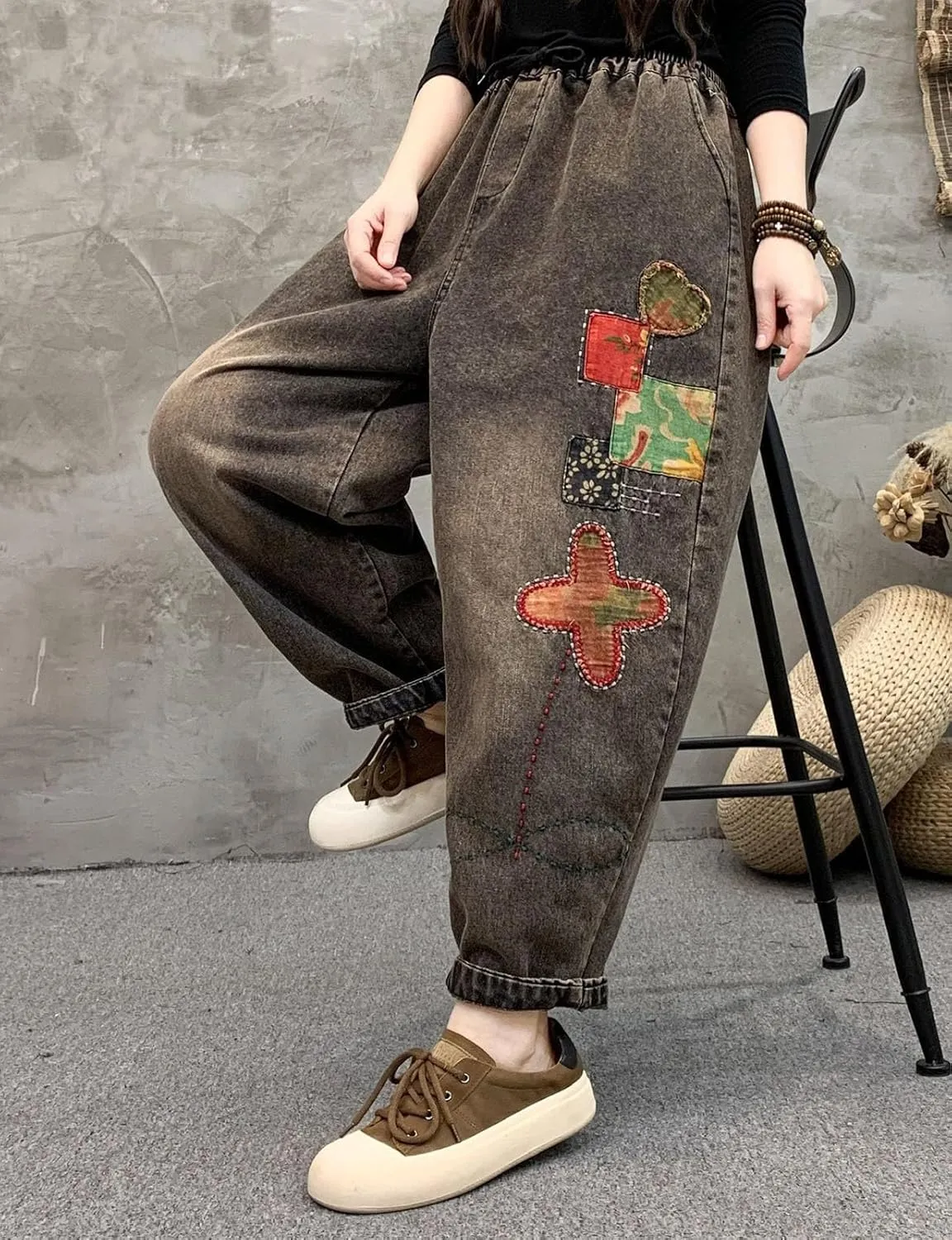 HALITOSS Women's Casual Denim Loose Wide Leg Harem Pants Elastic Waist Trouser with Pockets