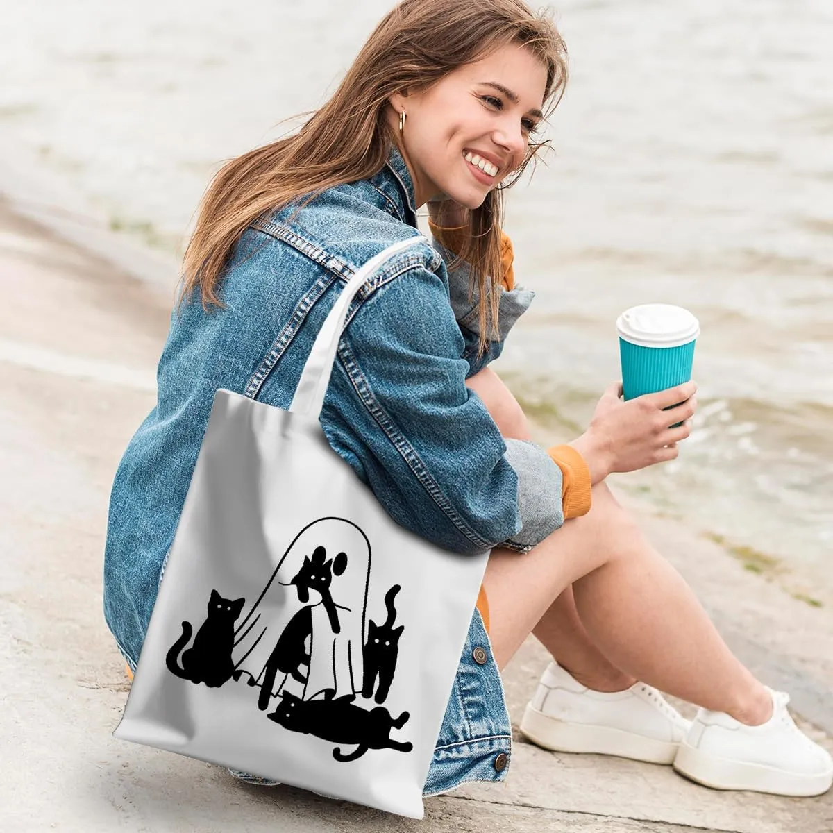 Halloween Stuff Skull Ghost Tote Bag Cat Lover Gifts for Fall Reusable Grocery Bags Wildflower Cute Tote