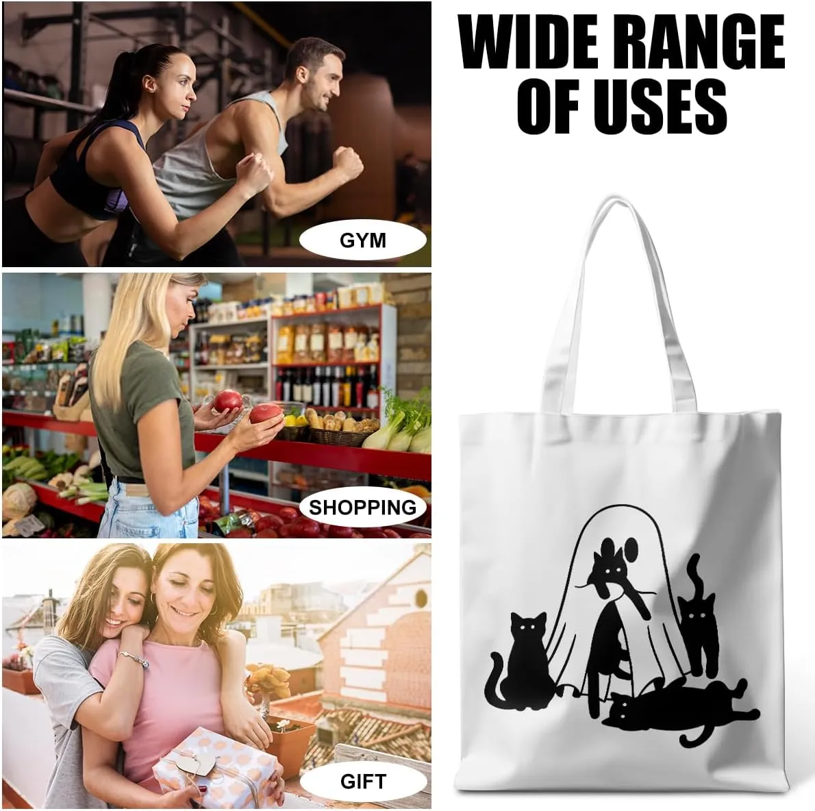 Halloween Stuff Skull Ghost Tote Bag Cat Lover Gifts for Fall Reusable Grocery Bags Wildflower Cute Tote