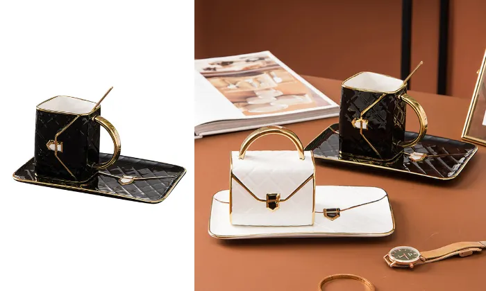 Handbag-Shaped Coffee Mug Set With Saucer & Spoon 310ML