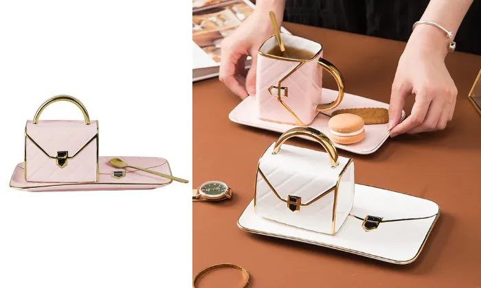 Handbag-Shaped Coffee Mug Set With Saucer & Spoon 310ML