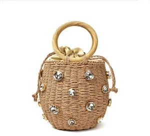 Handmade Embellished Straw Bag Small Straw Bucket Bags Lady Travel Purses and Handbags (Color : B)