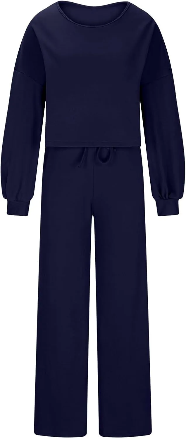 HGps8w Women's 2 Piece Outfits, Loose Crew Neck Lantern Long Sleeve Tops with Drawstring Pants Loungewear Pajamas Sets