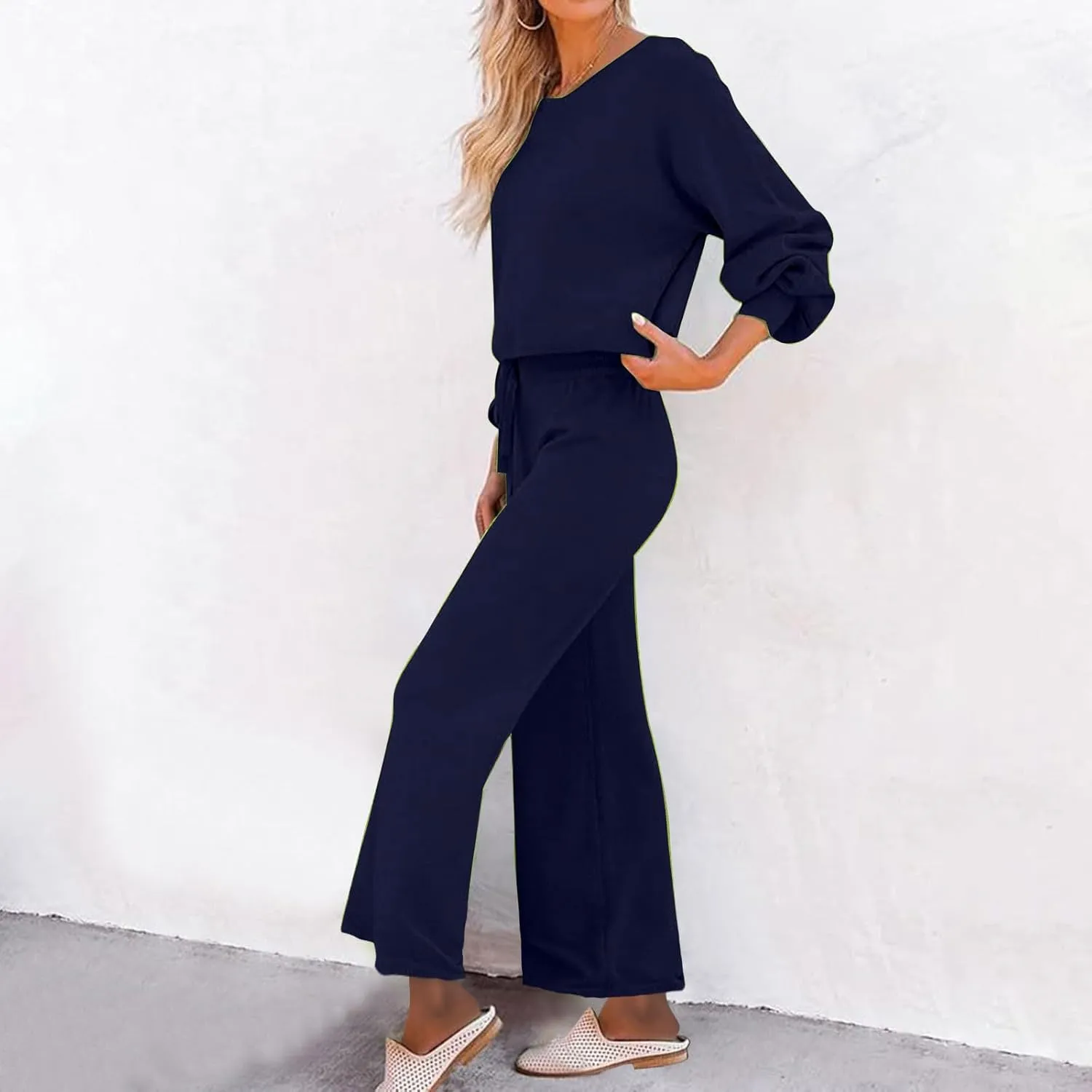 HGps8w Women's 2 Piece Outfits, Loose Crew Neck Lantern Long Sleeve Tops with Drawstring Pants Loungewear Pajamas Sets