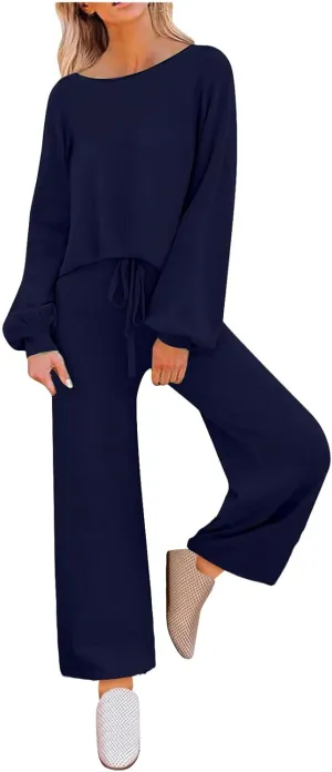 HGps8w Women's 2 Piece Outfits, Loose Crew Neck Lantern Long Sleeve Tops with Drawstring Pants Loungewear Pajamas Sets