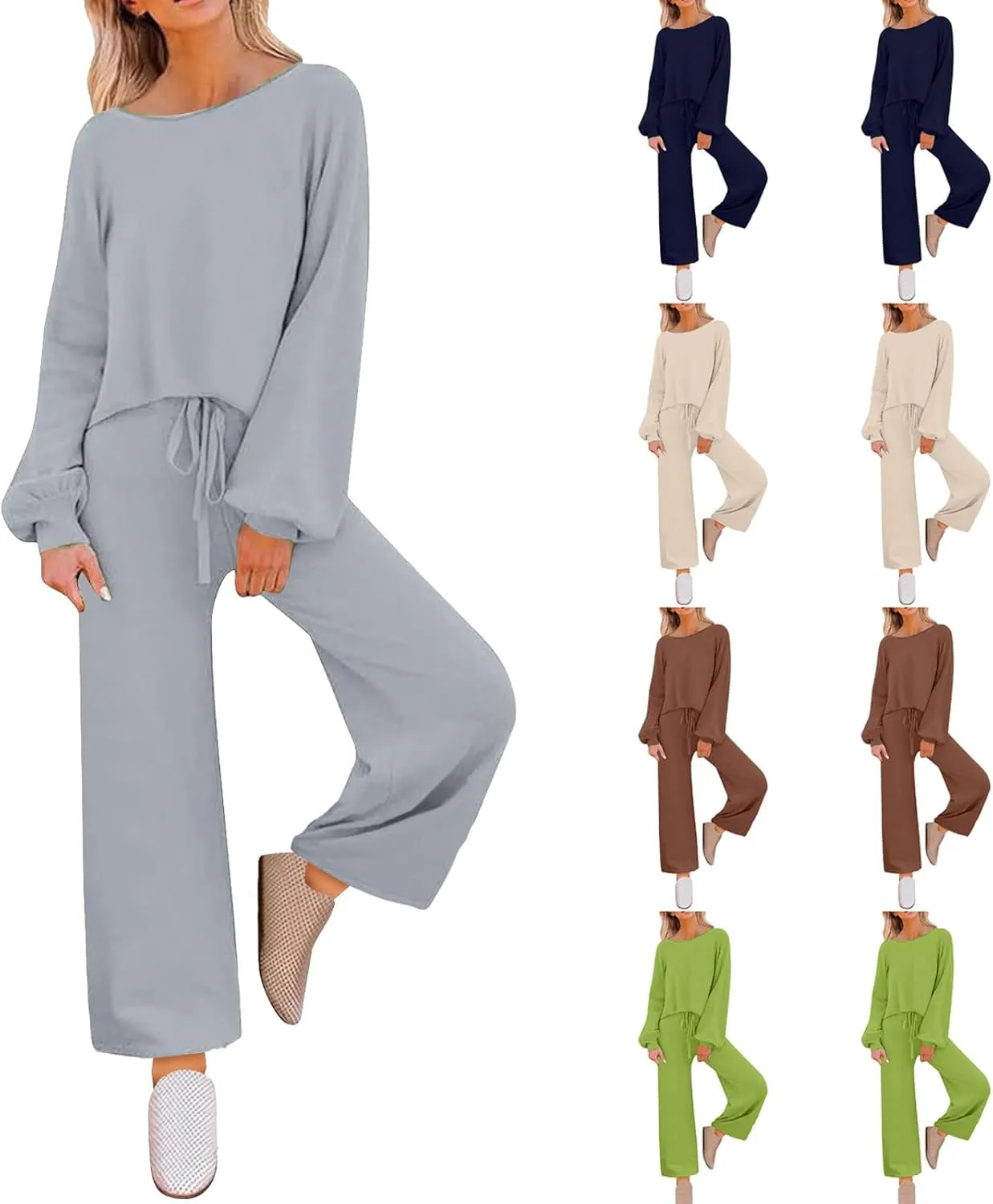 HGps8w Women's 2 Piece Outfits, Loose Crew Neck Lantern Long Sleeve Tops with Drawstring Pants Loungewear Pajamas Sets
