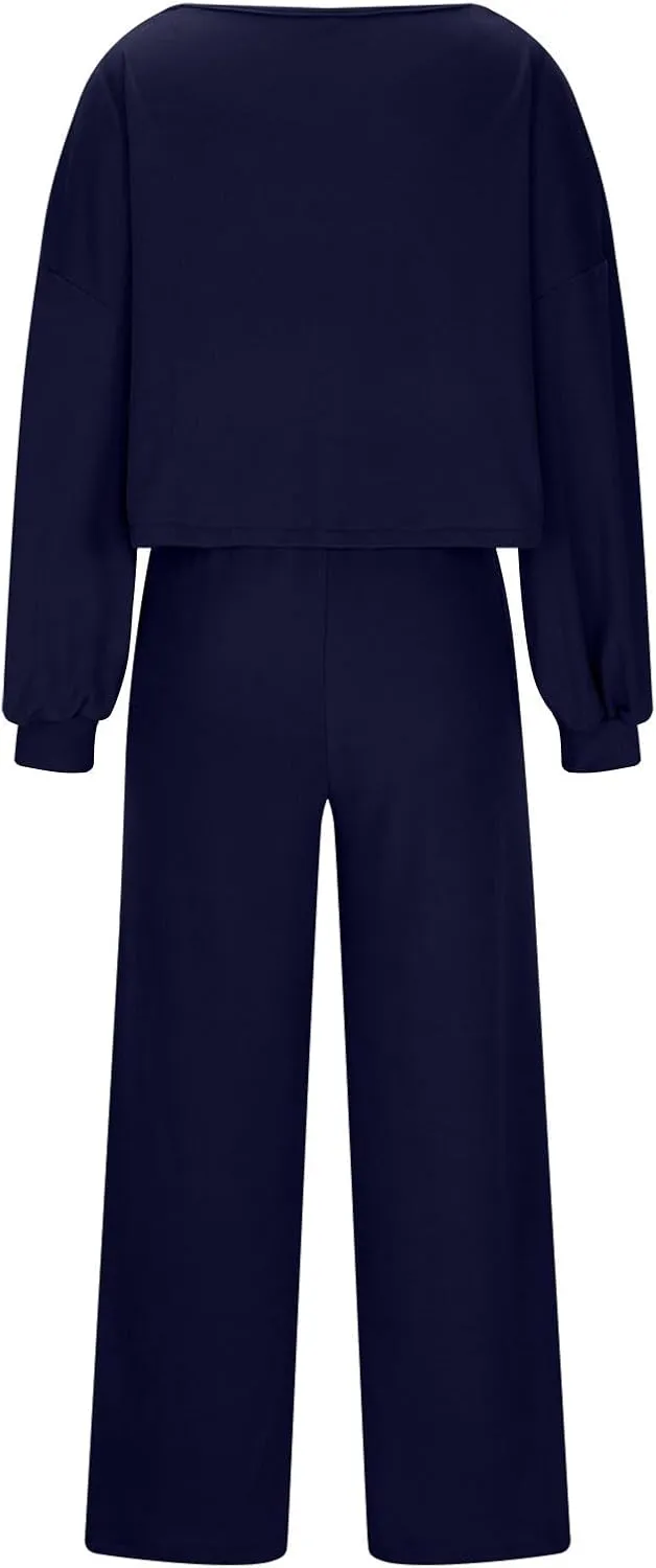 HGps8w Women's 2 Piece Outfits, Loose Crew Neck Lantern Long Sleeve Tops with Drawstring Pants Loungewear Pajamas Sets