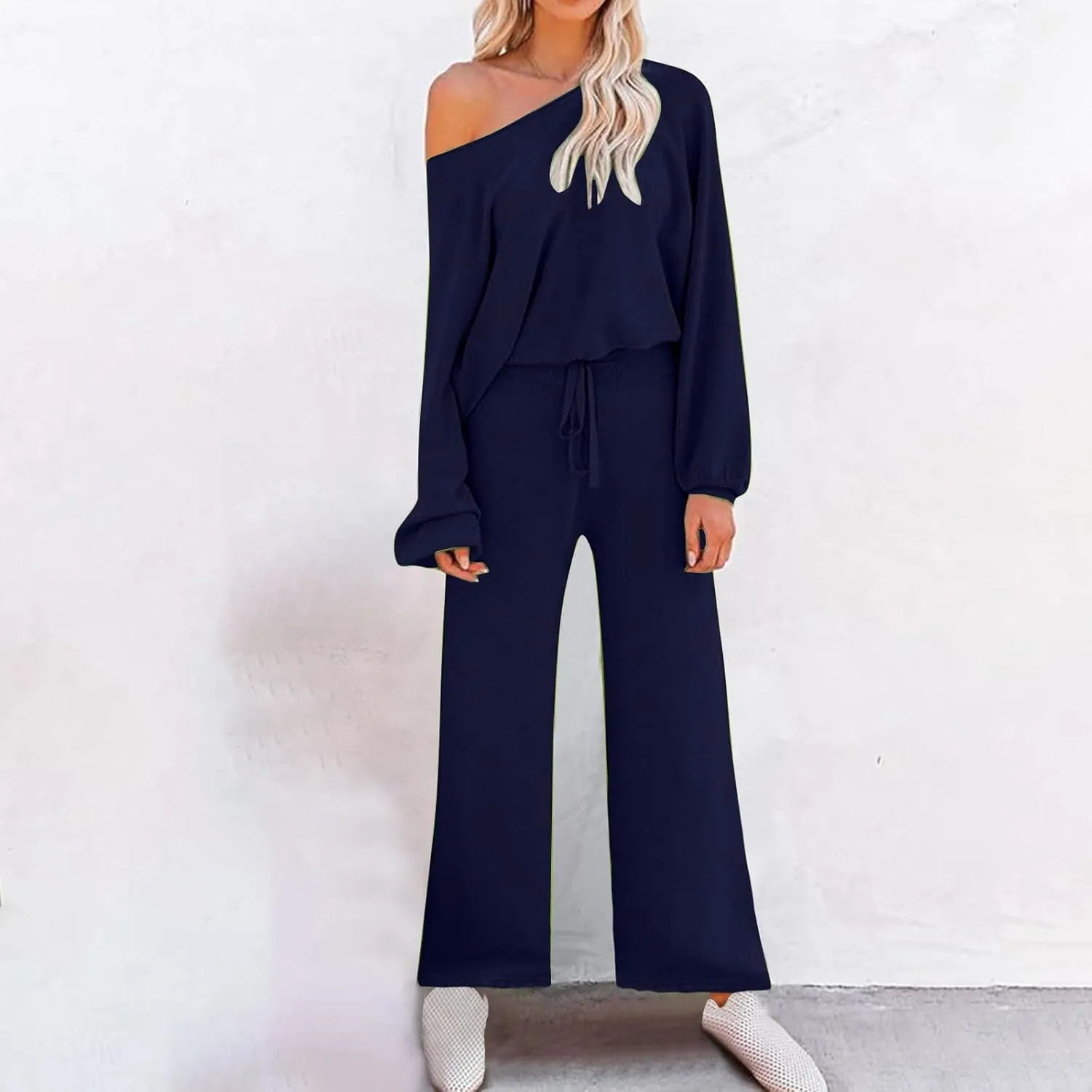 HGps8w Women's 2 Piece Outfits, Loose Crew Neck Lantern Long Sleeve Tops with Drawstring Pants Loungewear Pajamas Sets