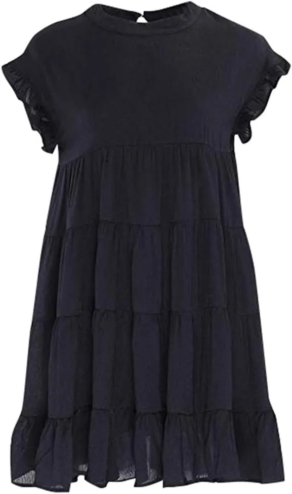 HHmei Women's Ruffle Sleeve Bohemian O-Neck Casual Fashion Plain Short Sleeve Casual Swing Party Dress