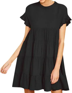 HHmei Women's Ruffle Sleeve Bohemian O-Neck Casual Fashion Plain Short Sleeve Casual Swing Party Dress