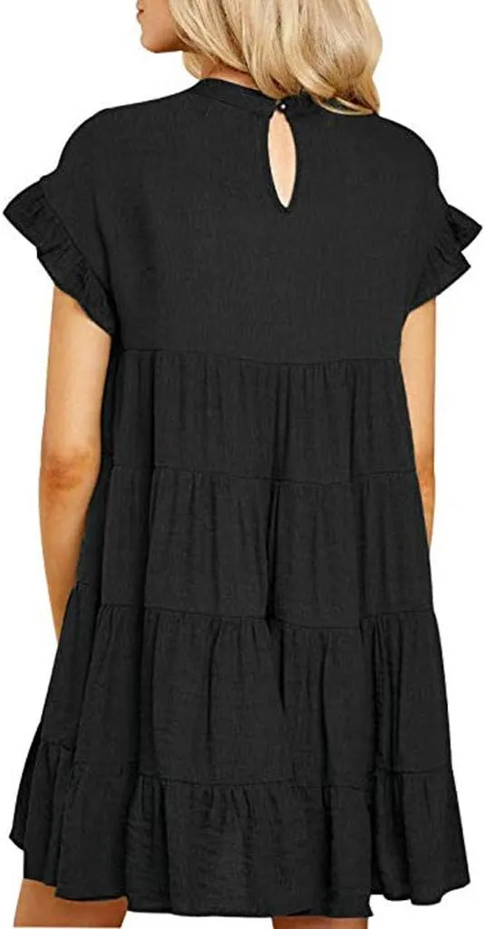 HHmei Women's Ruffle Sleeve Bohemian O-Neck Casual Fashion Plain Short Sleeve Casual Swing Party Dress