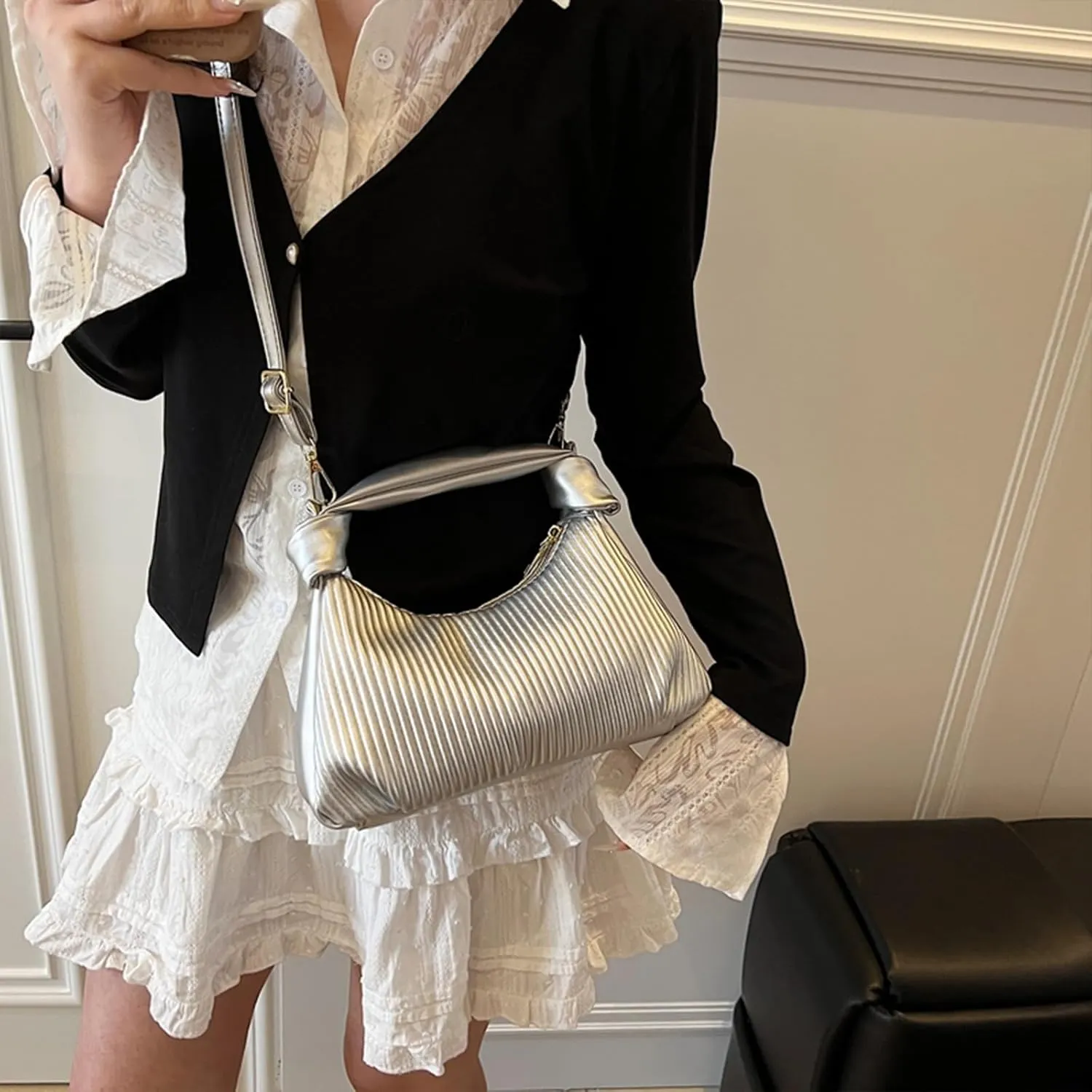Hobo Purses for Women Trendy Pleated Clutch Purse Top Handle Shoulder Bag Crossbody Handbags
