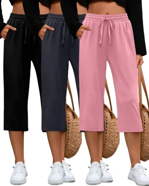 Huukeay 3 Pack Women's Capri Sweatpants, Cozy Lounge Drawstring Capris with Pockets Wide Legs Jogger Workout Yoga Pants