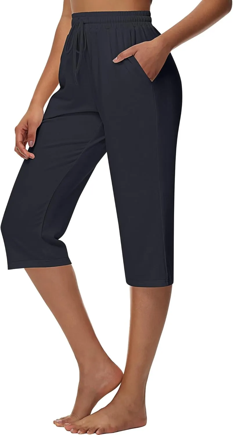 Huukeay 3 Pack Women's Capri Sweatpants, Cozy Lounge Drawstring Capris with Pockets Wide Legs Jogger Workout Yoga Pants