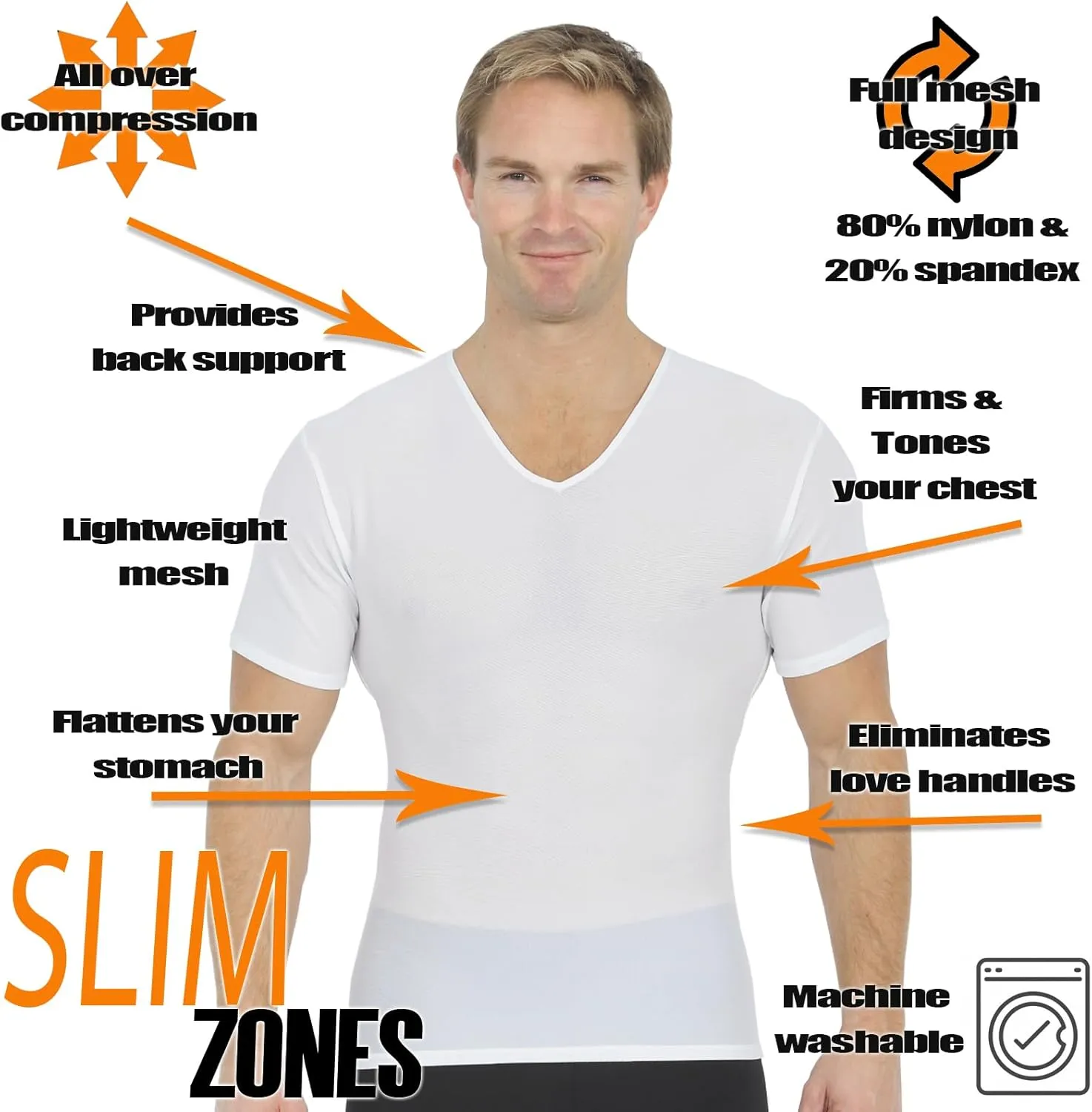 Insta Slim - Made in USA - Mens Slimming Compression Body Shaper V-Neck for Back Support, Gynecomastia & Hernias