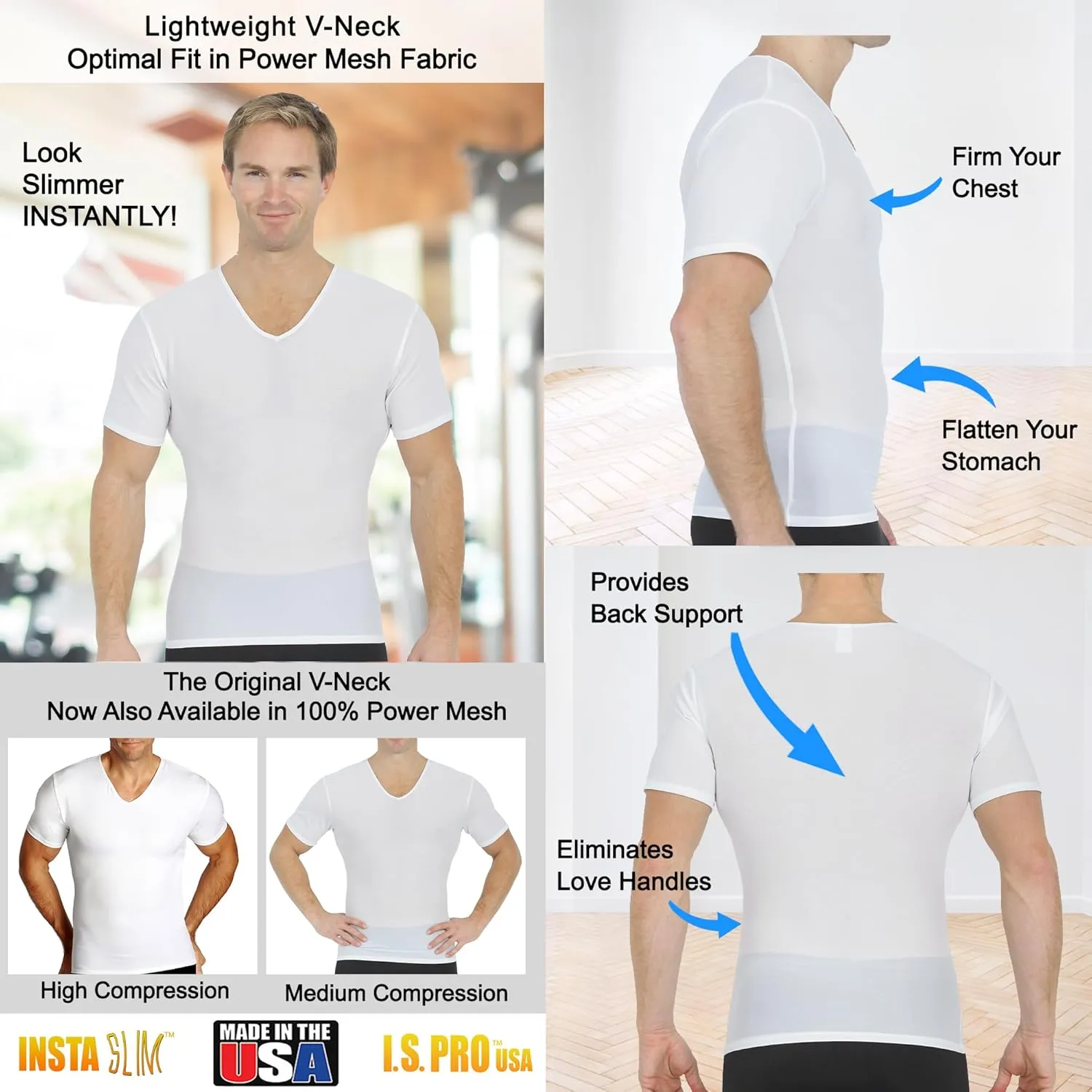 Insta Slim - Made in USA - Mens Slimming Compression Body Shaper V-Neck for Back Support, Gynecomastia & Hernias