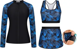 JASAMBAC Women's 3 Piece Rash Guard Zip Up UPF 50  Swim Shirt Built in Bra Long Sleeve Swimsuits Swim Skirt with Bikini Brief
