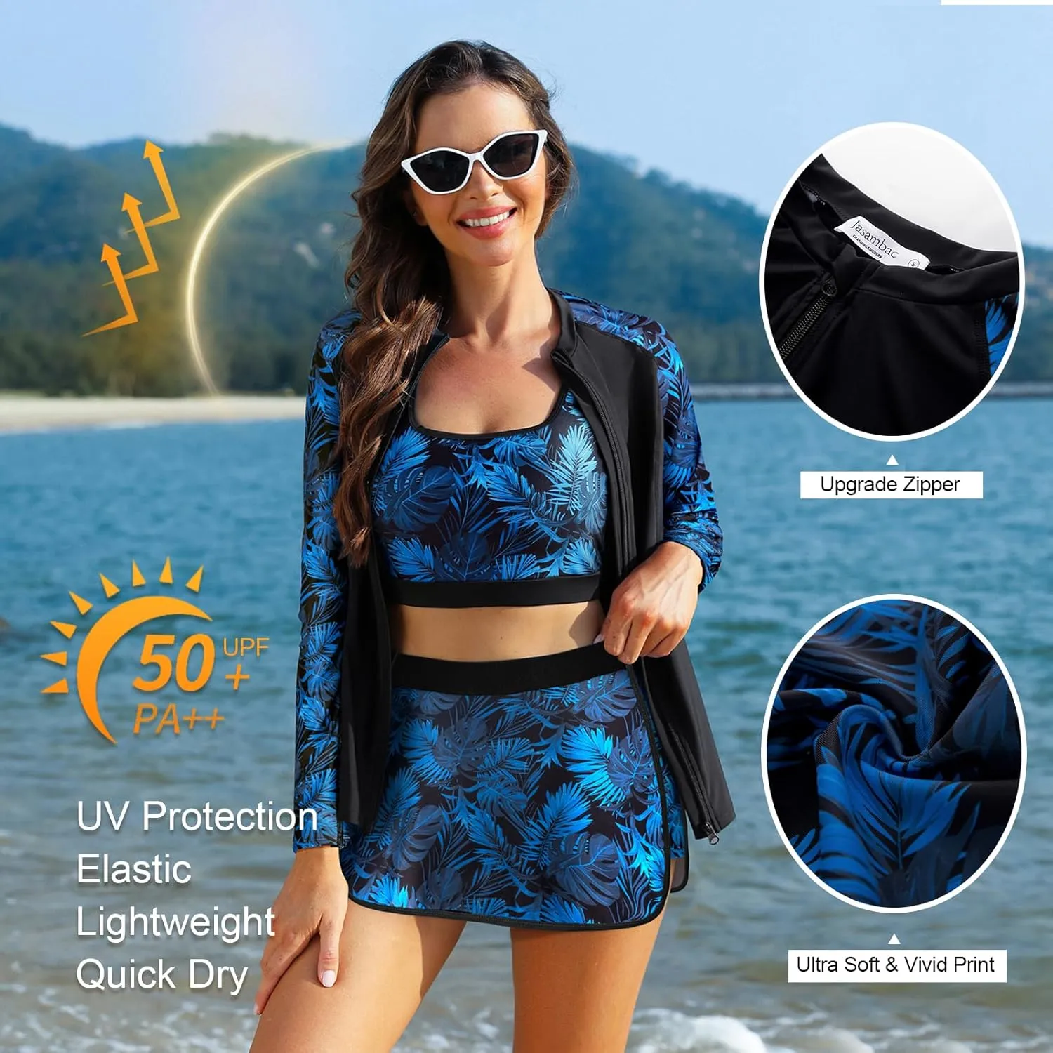 JASAMBAC Women's 3 Piece Rash Guard Zip Up UPF 50  Swim Shirt Built in Bra Long Sleeve Swimsuits Swim Skirt with Bikini Brief