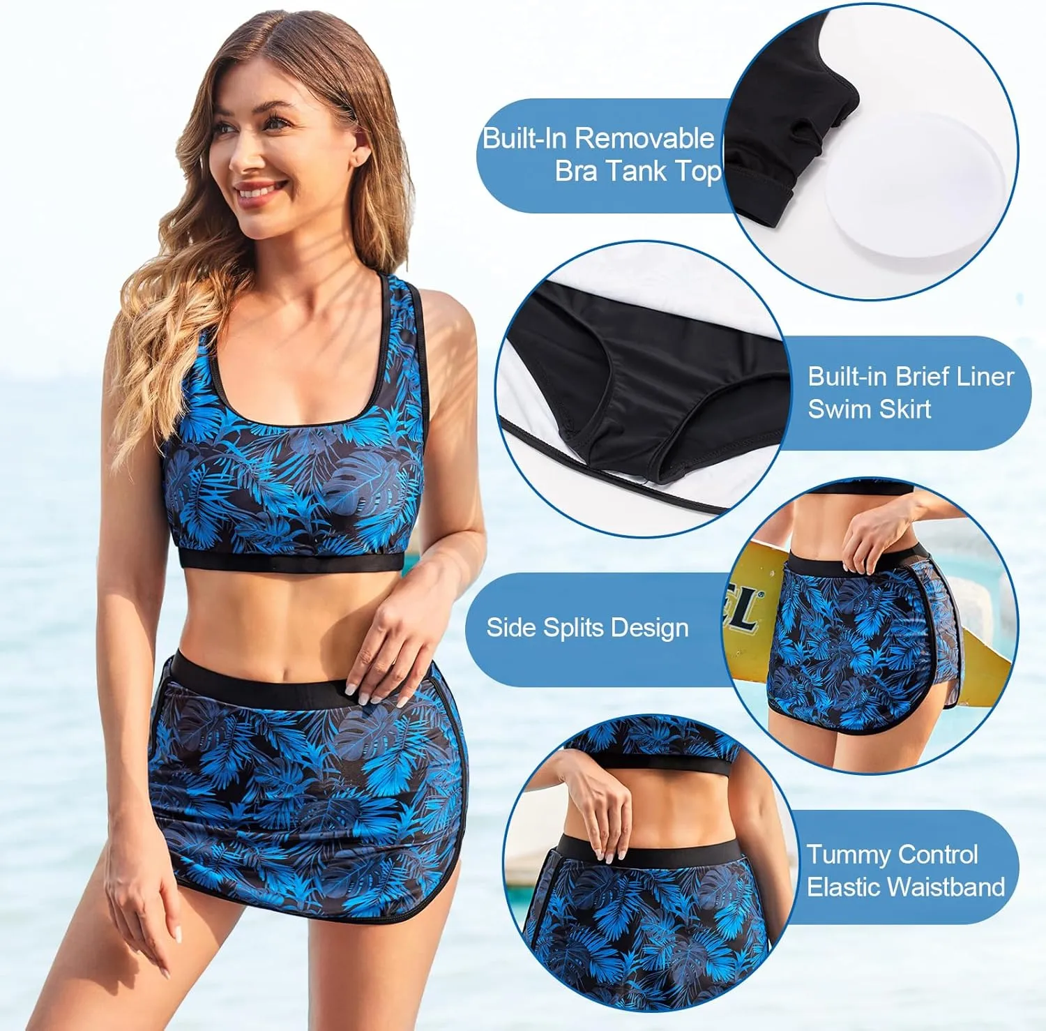 JASAMBAC Women's 3 Piece Rash Guard Zip Up UPF 50  Swim Shirt Built in Bra Long Sleeve Swimsuits Swim Skirt with Bikini Brief