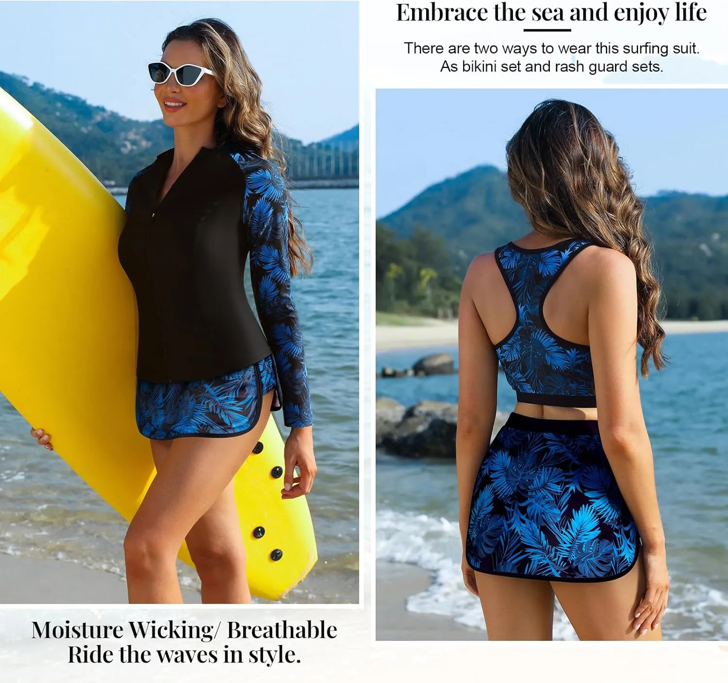 JASAMBAC Women's 3 Piece Rash Guard Zip Up UPF 50  Swim Shirt Built in Bra Long Sleeve Swimsuits Swim Skirt with Bikini Brief